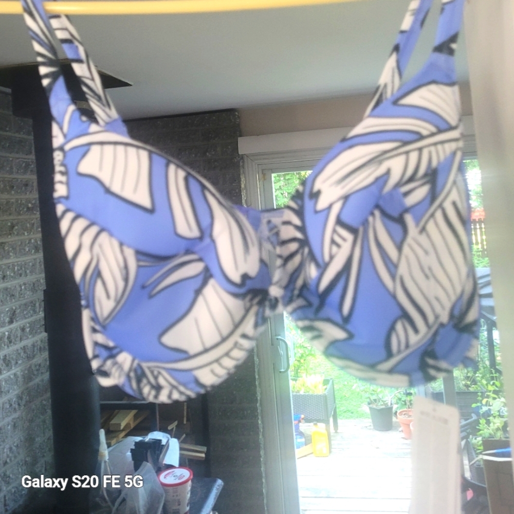 Blue and White Leaf Print Bikini Top